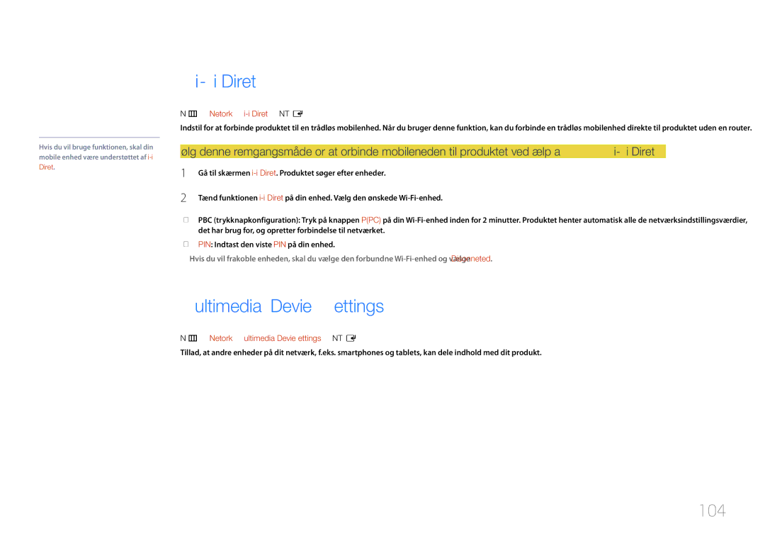 Samsung LH10DBDPLBC/EN manual Multimedia Device Settings, 104, Menu m → Network → Wi-Fi Direct → Enter E 
