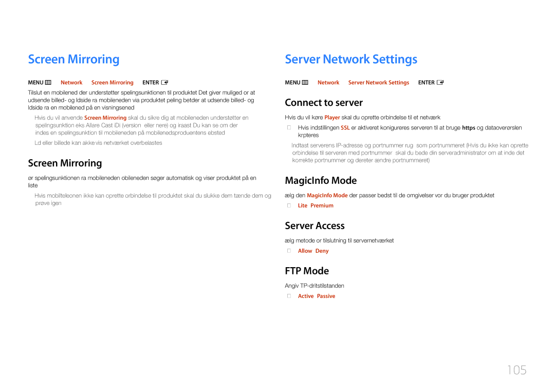 Samsung LH10DBDPLBC/EN manual Screen Mirroring, Server Network Settings, 105 