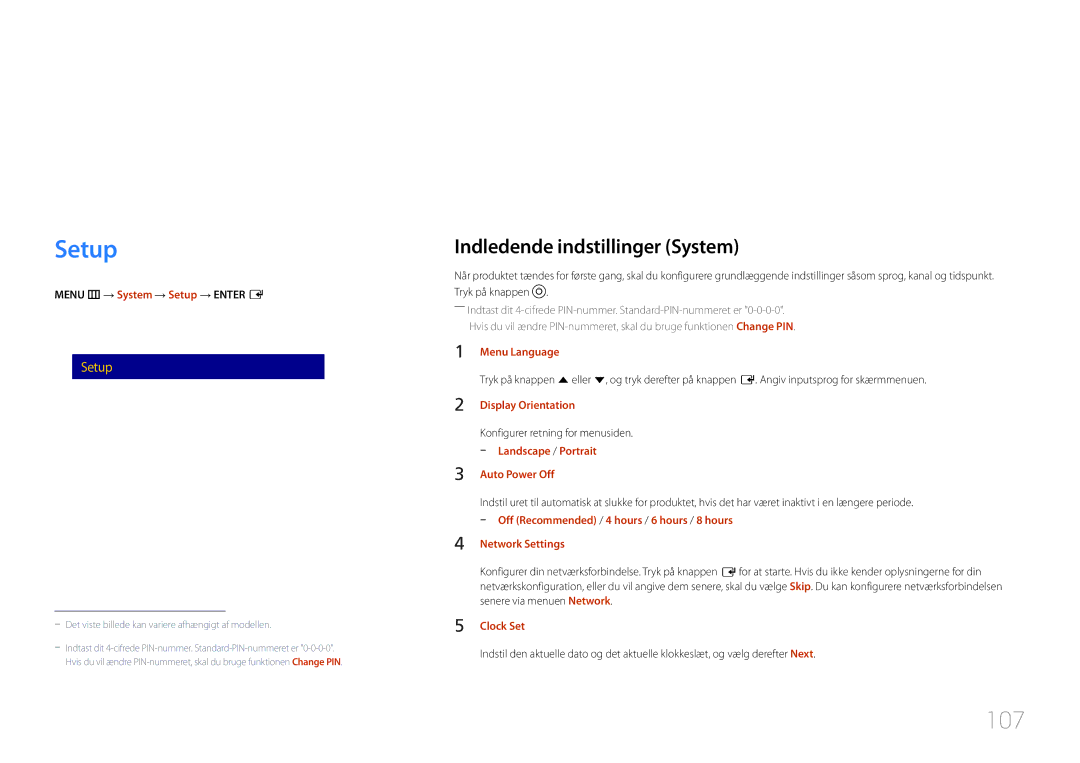 Samsung LH10DBDPLBC/EN manual Setup, 107, Indledende indstillinger System 