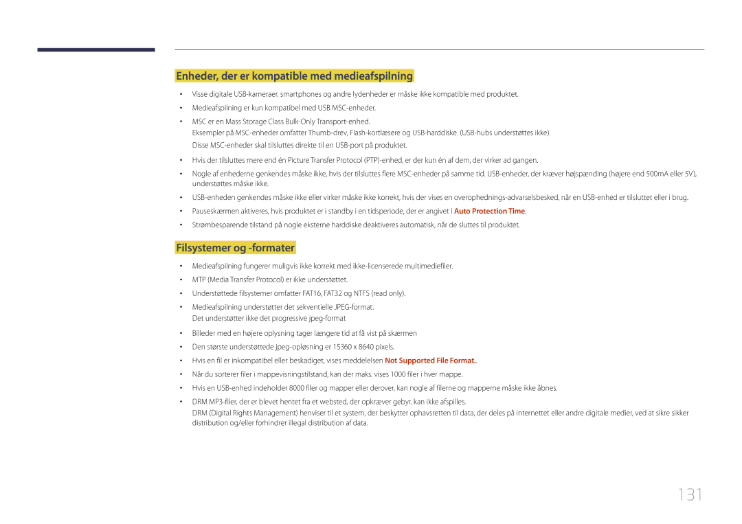 Samsung LH10DBDPLBC/EN manual 131, Enheder, der er kompatible med medieafspilning, Filsystemer og -formater 