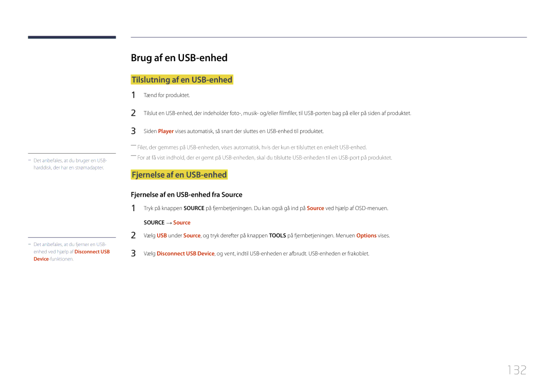 Samsung LH10DBDPLBC/EN manual 132, Brug af en USB-enhed, Tilslutning af en USB-enhed, Fjernelse af en USB-enhed 