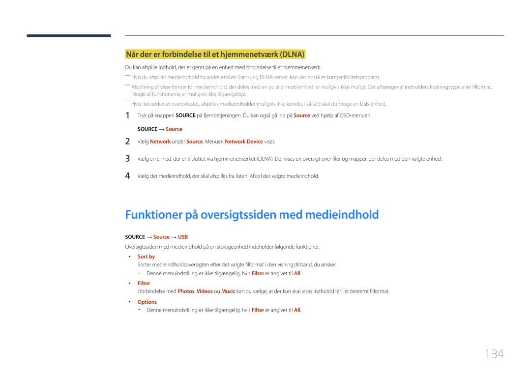 Samsung LH10DBDPLBC/EN manual Funktioner på oversigtssiden med medieindhold, 134, Source → Source → USB, Filter 