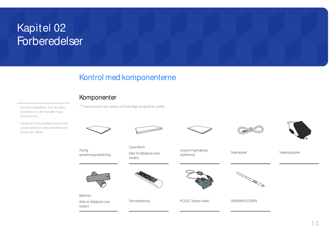 Samsung LH10DBDPLBC/EN manual Forberedelser, Kontrol med komponenterne, Komponenter 