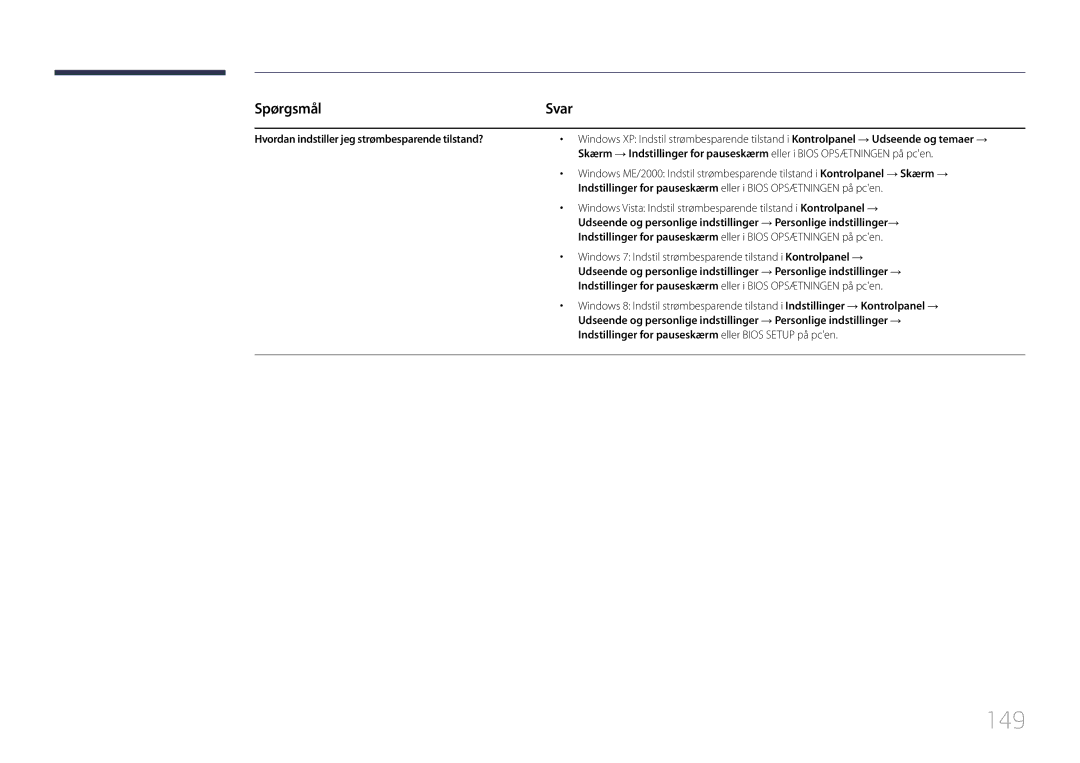 Samsung LH10DBDPLBC/EN manual 149, Spørgsmål, Svar, Hvordan indstiller jeg strømbesparende tilstand? 