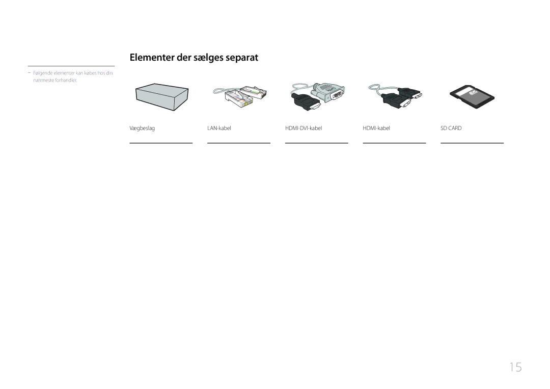 Samsung LH10DBDPLBC/EN manual Elementer der sælges separat, Vægbeslag LAN-kabel HDMI-DVI-kabel HDMI-kabel 