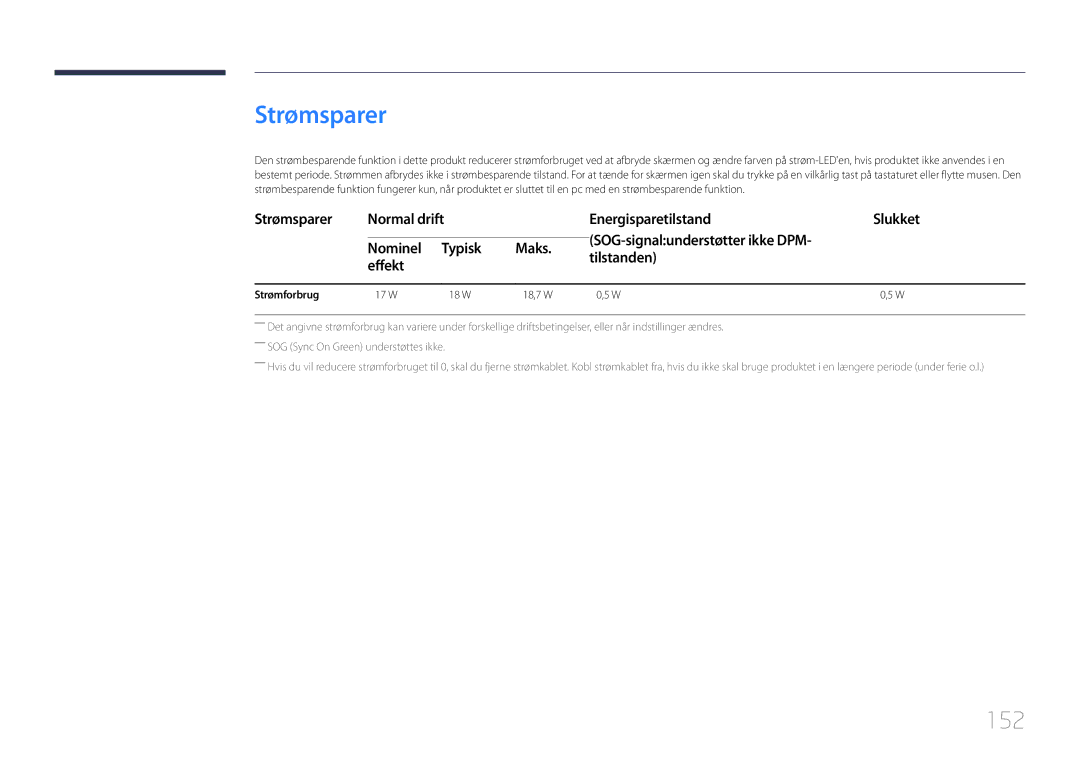 Samsung LH10DBDPLBC/EN manual Strømsparer, 152, Maks Tilstanden Effekt, Strømforbrug 17 W, 18,7 W 