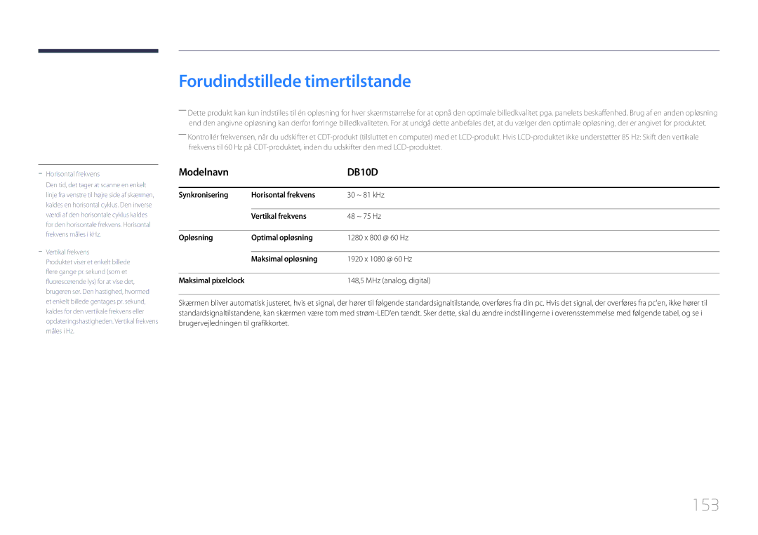 Samsung LH10DBDPLBC/EN manual Forudindstillede timertilstande, 153, 148,5 MHz analog, digital 