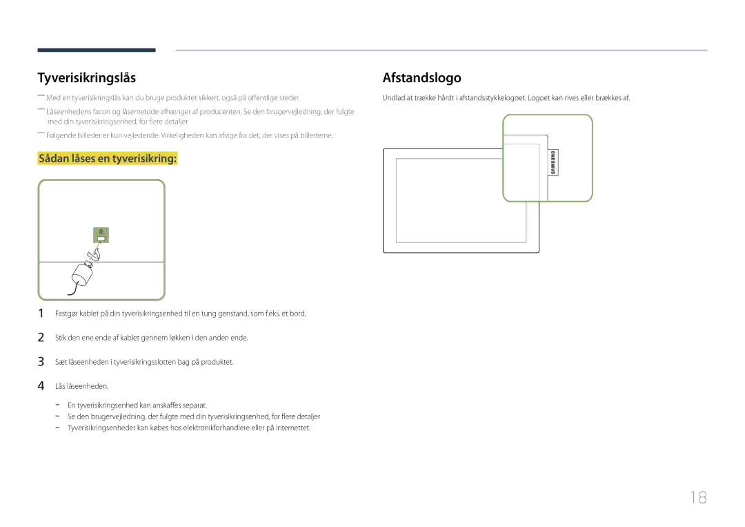 Samsung LH10DBDPLBC/EN manual Tyverisikringslås, Sådan låses en tyverisikring 