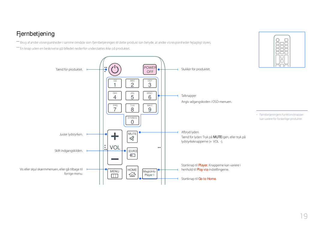 Samsung LH10DBDPLBC/EN manual Fjernbetjening, Tænd for produktet Juster lydstyrken, Skift indgangskilden 