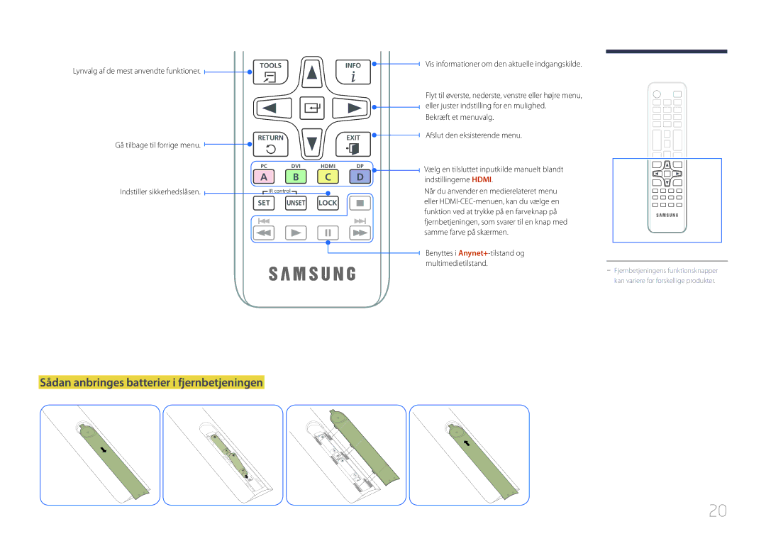 Samsung LH10DBDPLBC/EN manual Sådan anbringes batterier i fjernbetjeningen, Lynvalg af de mest anvendte funktioner 