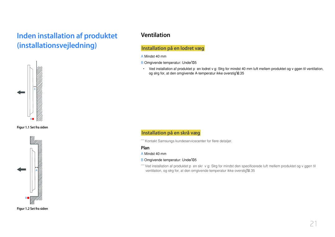 Samsung LH10DBDPLBC/EN manual Ventilation, Installation på en lodret væg, Installation på en skrå væg, Plan 
