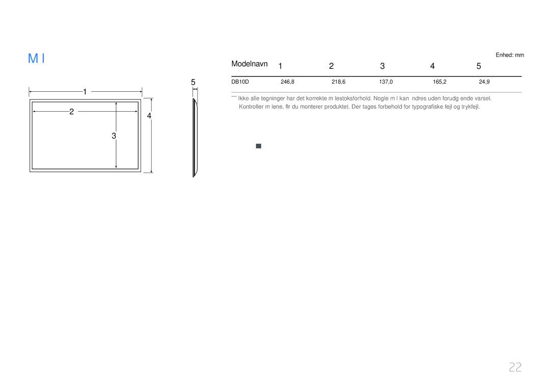 Samsung LH10DBDPLBC/EN manual Mål, Modelnavn, Enhed mm 