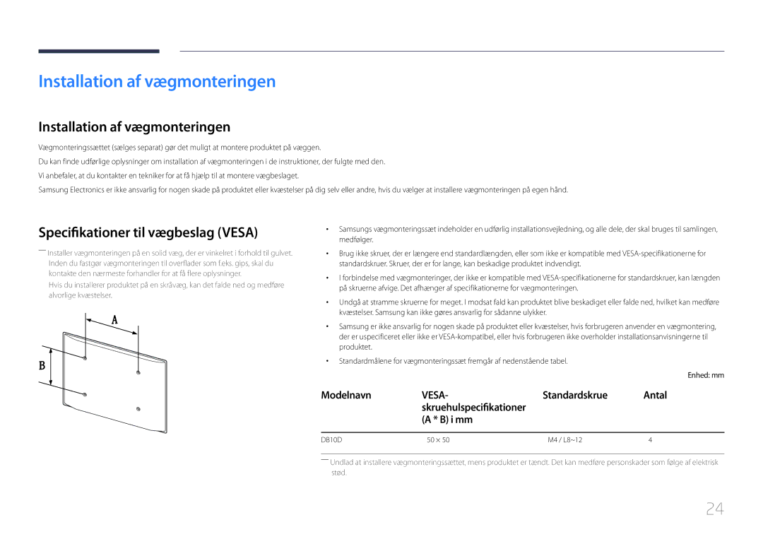 Samsung LH10DBDPLBC/EN manual Installation af vægmonteringen, Specifikationer til vægbeslag Vesa, Standardskrue, I mm 