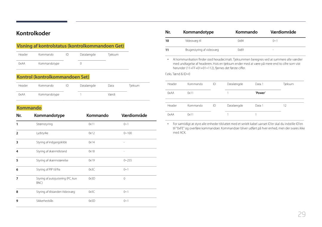 Samsung LH10DBDPLBC/EN manual Kontrolkoder, Visning af kontrolstatus kontrolkommandoen Get, Kontrol kontrolkommandoen Set 