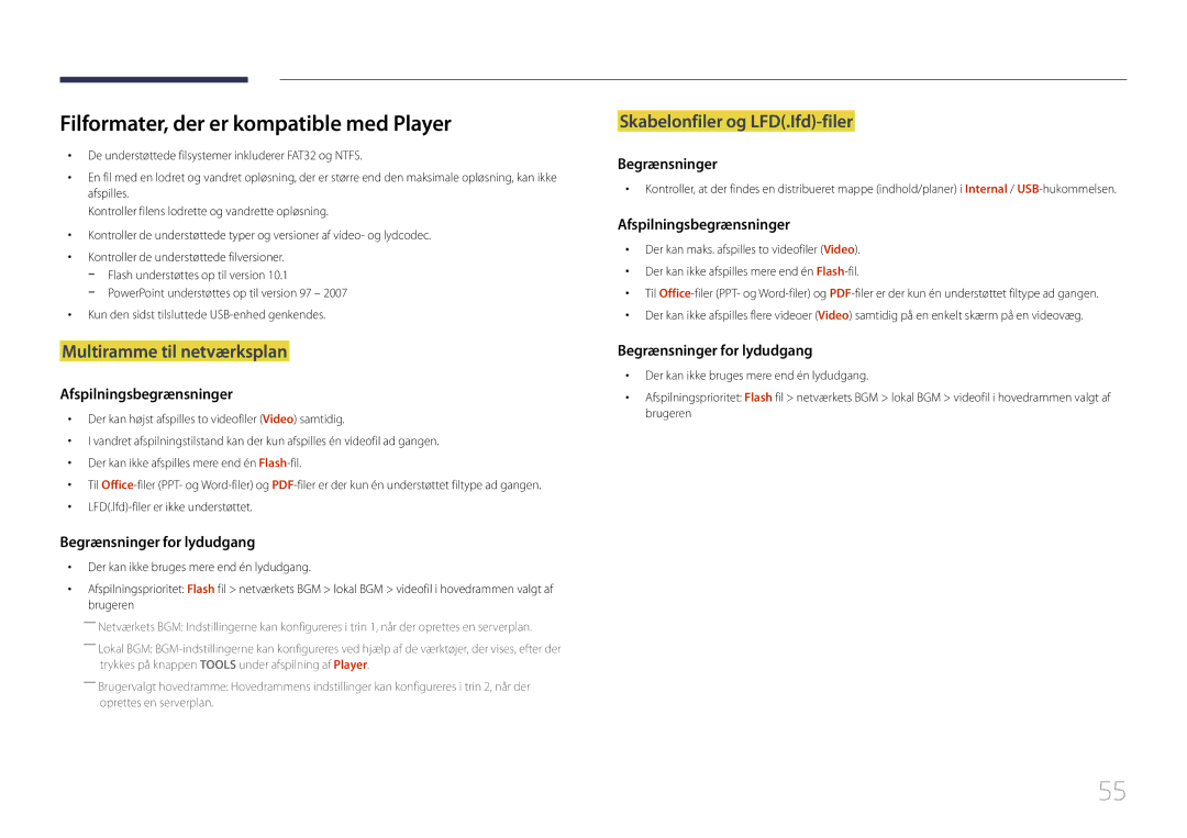 Samsung LH10DBDPLBC/EN manual Filformater, der er kompatible med Player, Multiramme til netværksplan 