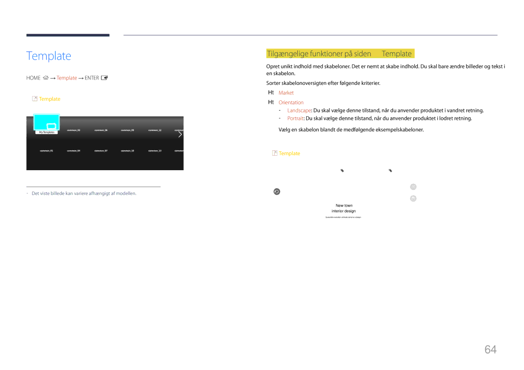 Samsung LH10DBDPLBC/EN manual Tilgængelige funktioner på siden Template, Home → Template → Enter E, Market, Orientation 