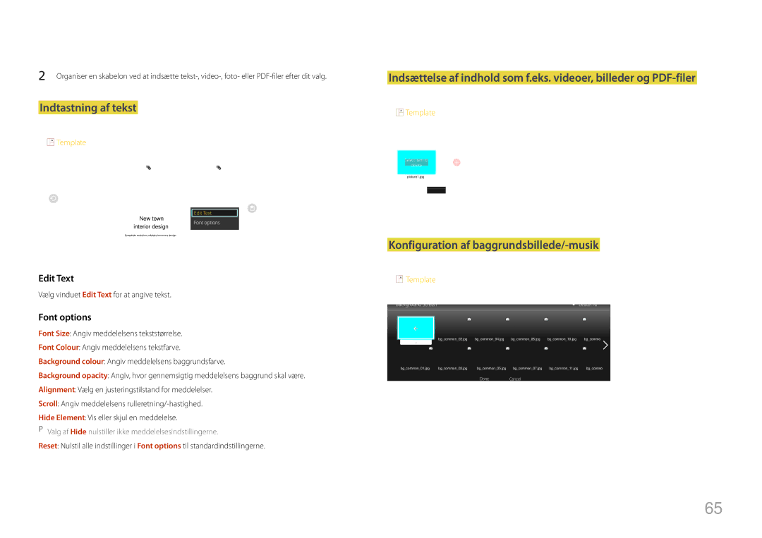 Samsung LH10DBDPLBC/EN manual Indtastning af tekst, Konfiguration af baggrundsbillede/-musik 