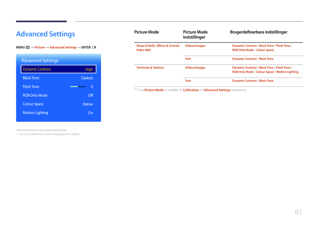 Samsung LH10DBDPLBC/EN manual Advanced Settings, Picture Mode Brugerdefinerbare indstillinger Indstillinger 