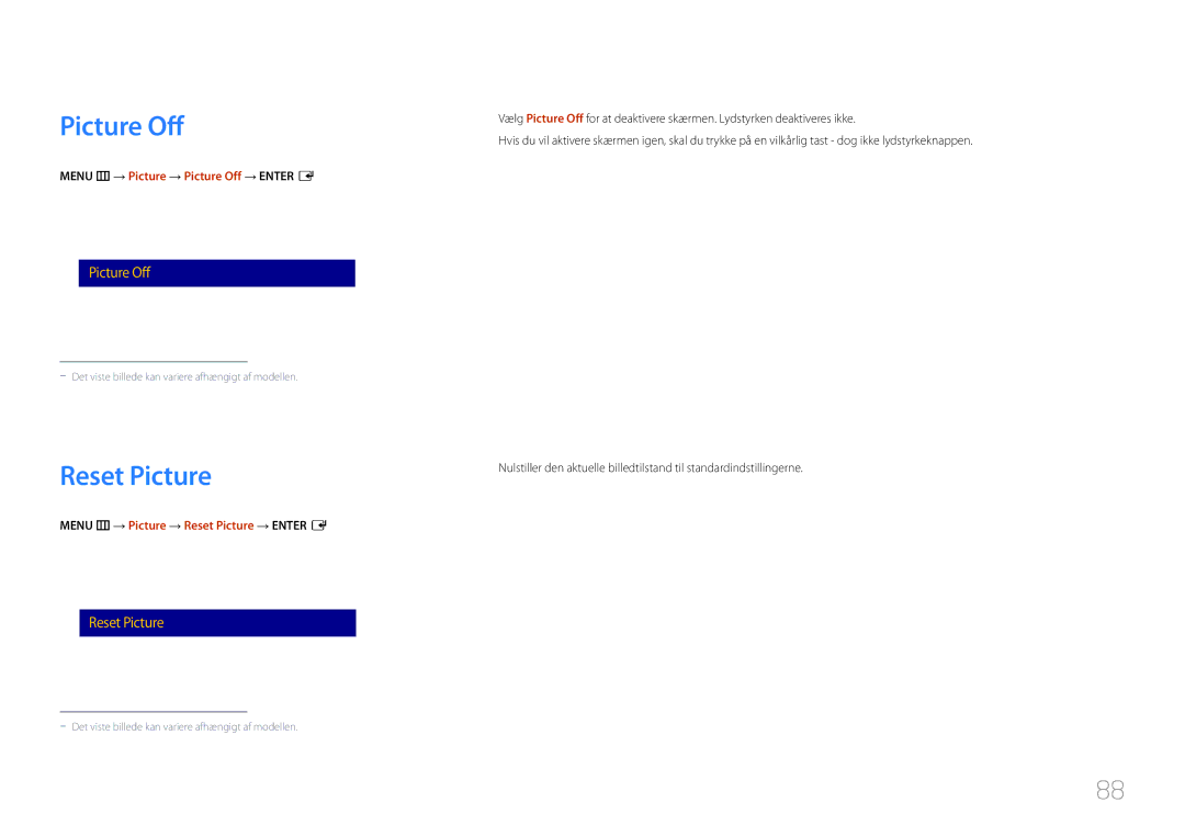 Samsung LH10DBDPLBC/EN manual Reset Picture, Menu m → Picture → Picture Off → Enter E 