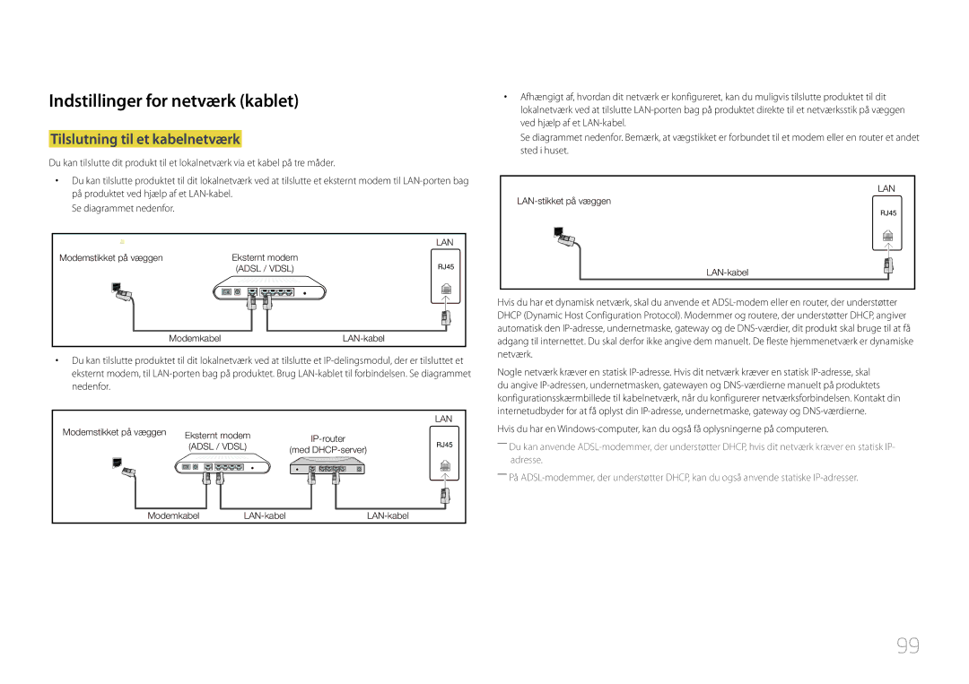 Samsung LH10DBDPLBC/EN manual Indstillinger for netværk kablet, Tilslutning til et kabelnetværk 