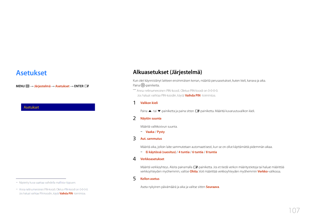 Samsung LH10DBDPLBC/EN manual Asetukset, 107, Alkuasetukset Järjestelmä 