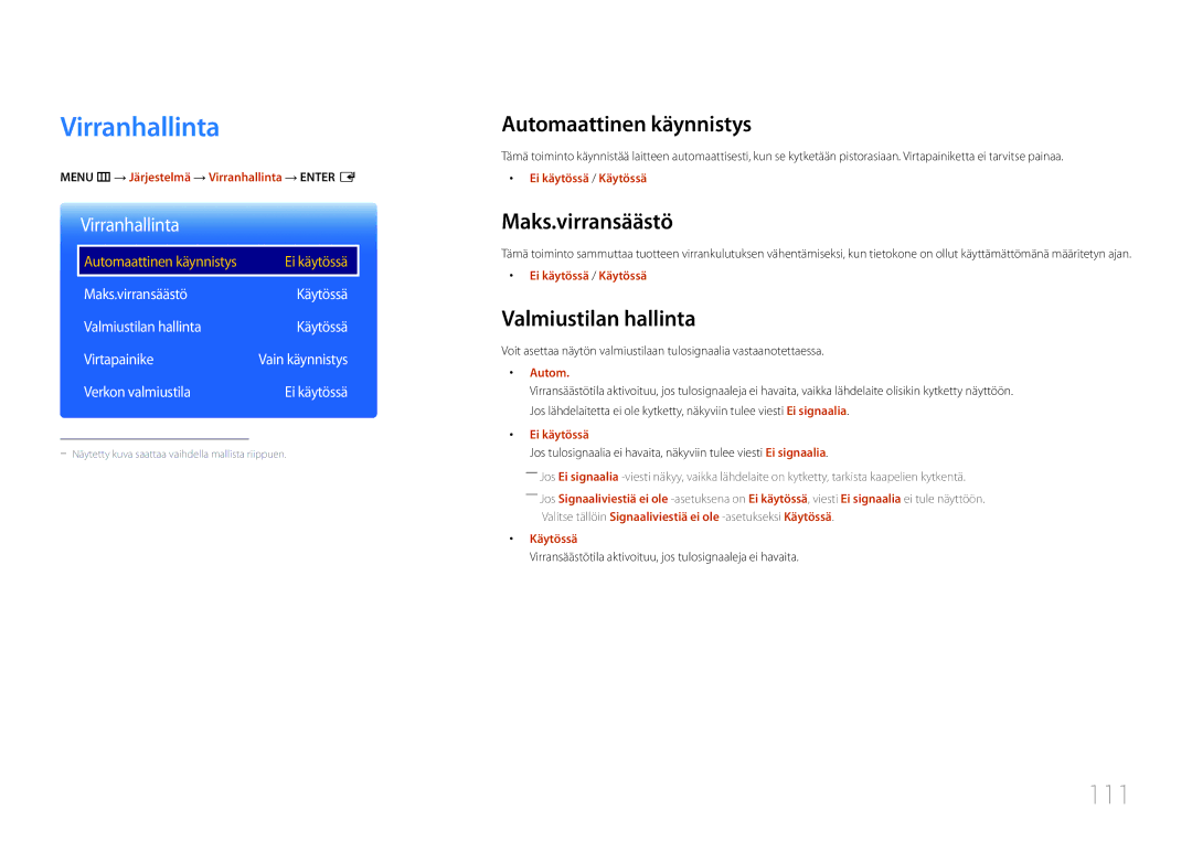 Samsung LH10DBDPLBC/EN manual Virranhallinta, 111, Automaattinen käynnistys, Maks.virransäästö, Valmiustilan hallinta 