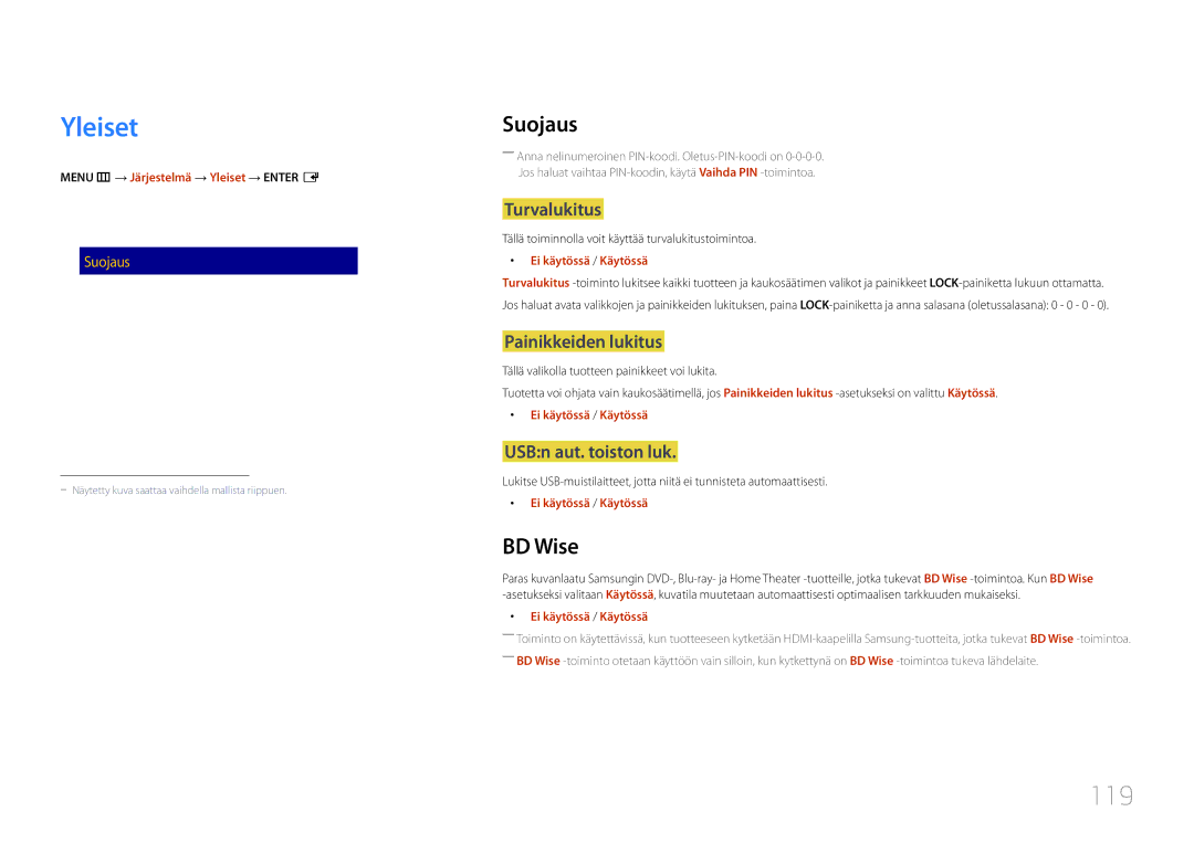 Samsung LH10DBDPLBC/EN manual Yleiset, 119, Suojaus, BD Wise 