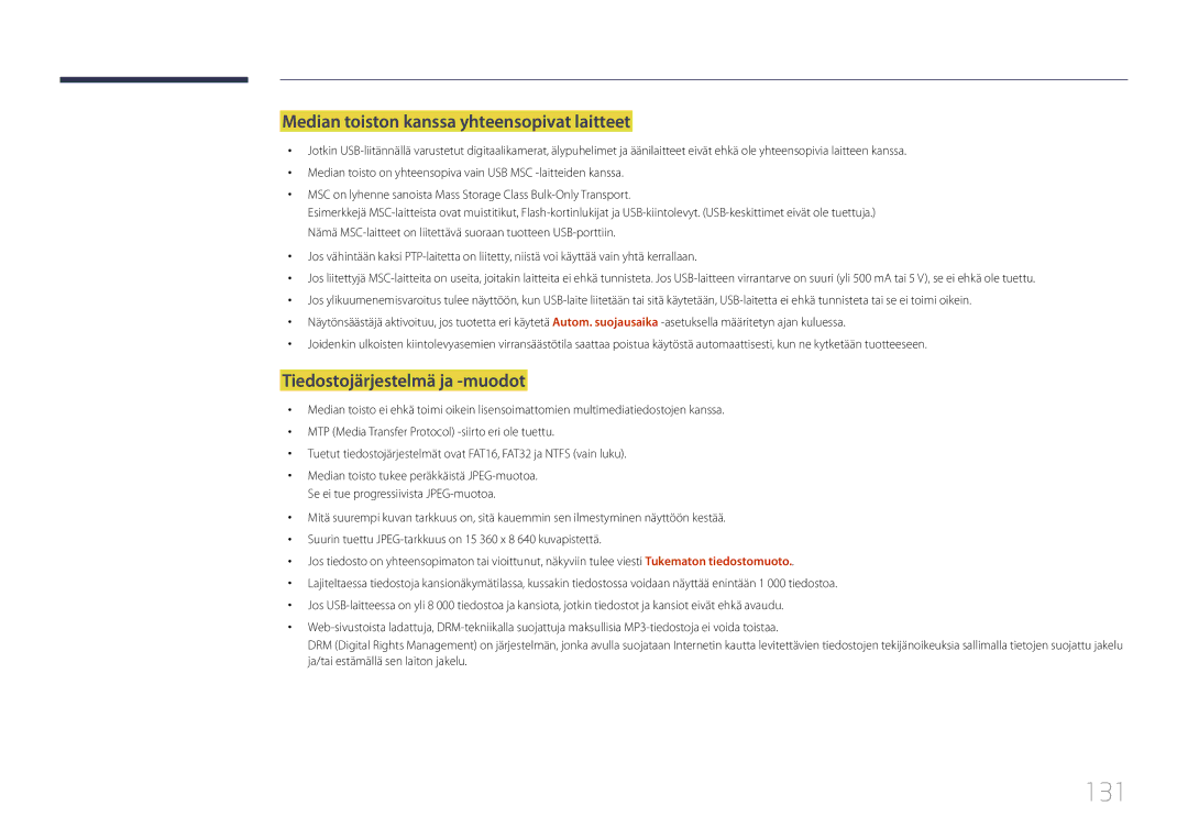 Samsung LH10DBDPLBC/EN manual 131, Median toiston kanssa yhteensopivat laitteet, Tiedostojärjestelmä ja -muodot 