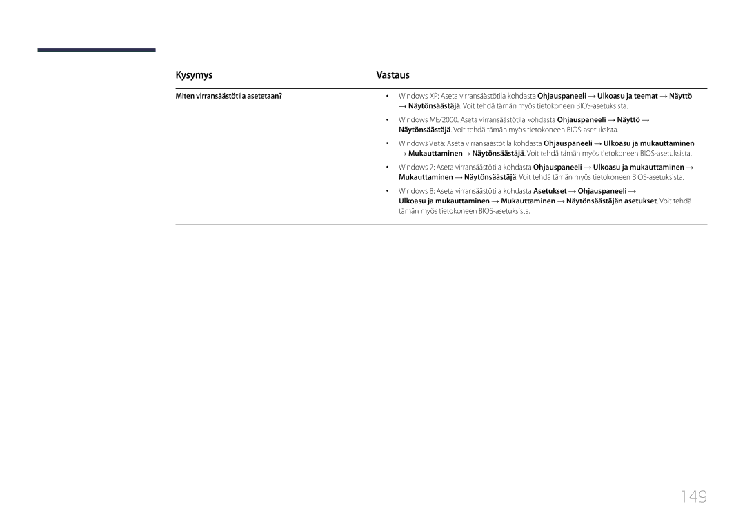 Samsung LH10DBDPLBC/EN manual 149, Miten virransäästötila asetetaan? 