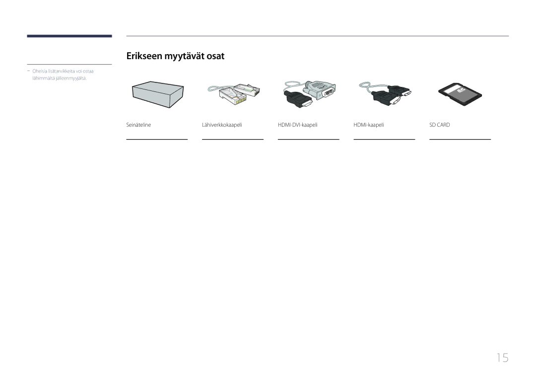 Samsung LH10DBDPLBC/EN manual Erikseen myytävät osat, Seinäteline Lähiverkkokaapeli HDMI-DVI-kaapeli HDMI-kaapeli 