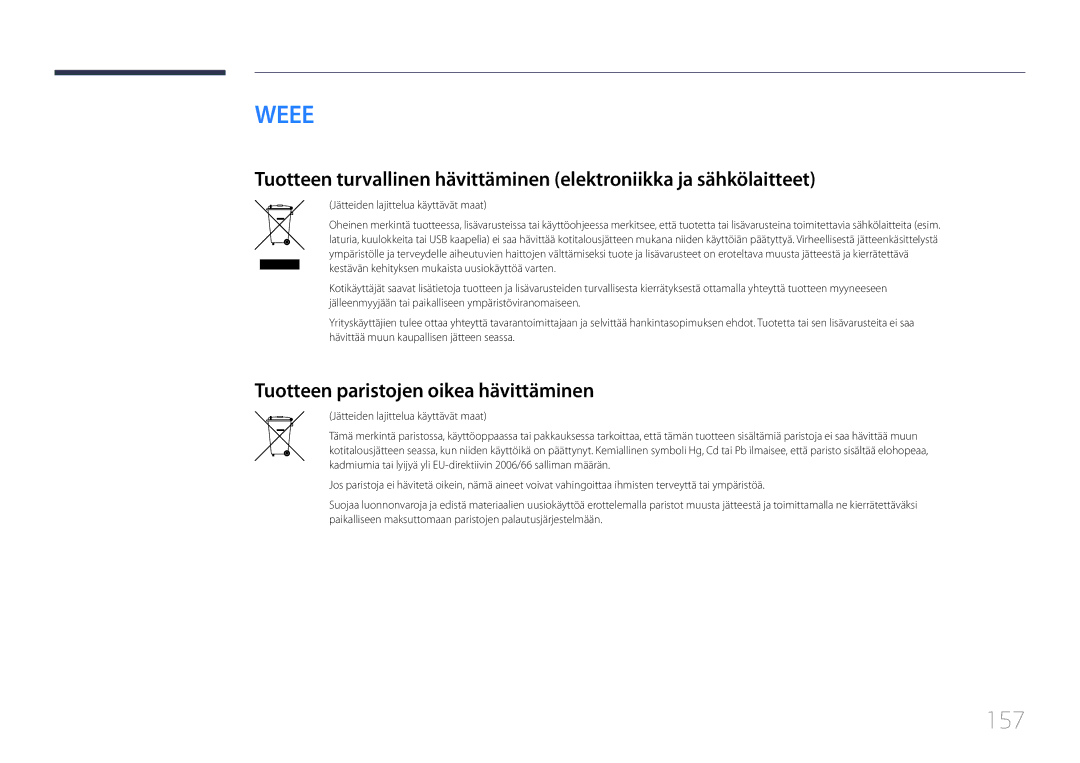 Samsung LH10DBDPLBC/EN manual 157, Tuotteen paristojen oikea hävittäminen, Jätteiden lajittelua käyttävät maat 