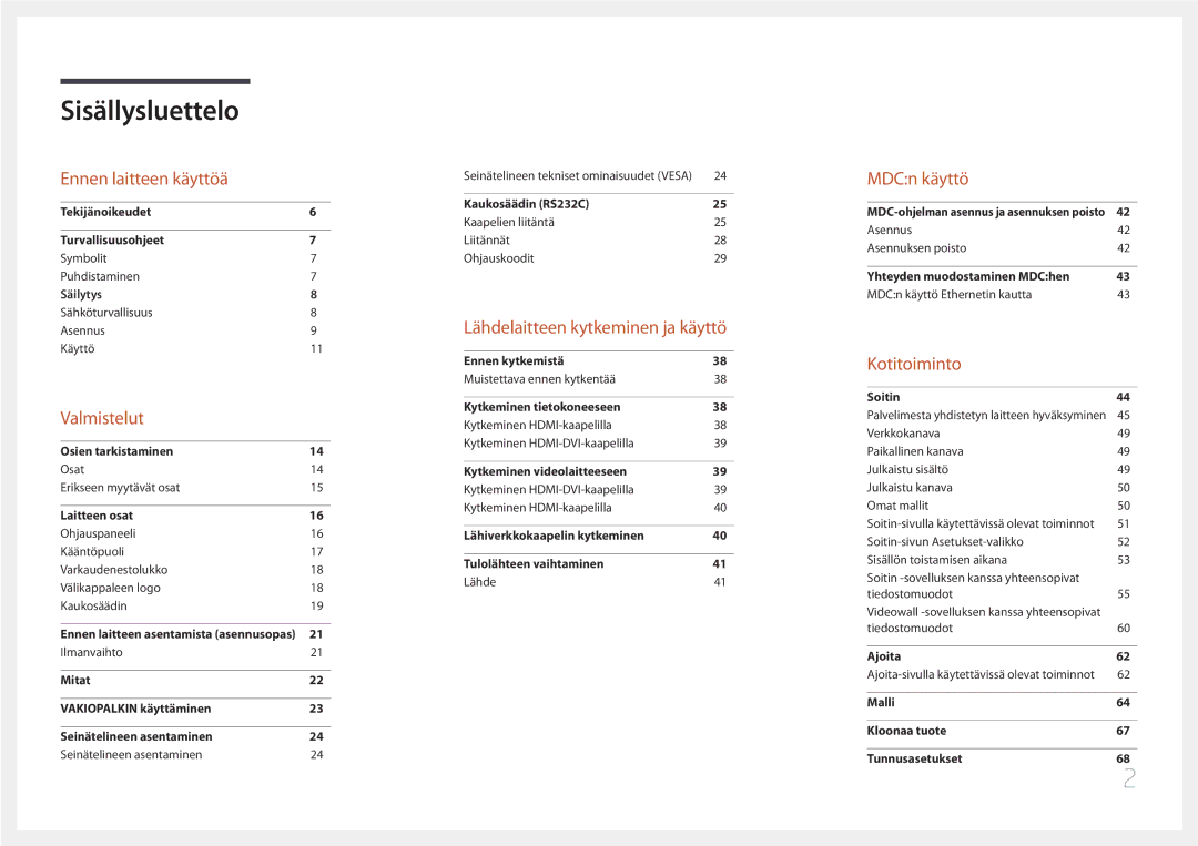 Samsung LH10DBDPLBC/EN manual Sisällysluettelo 