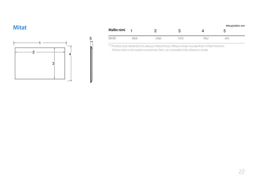 Samsung LH10DBDPLBC/EN manual Mitat, Mallin nimi, Mittayksikkö mm 