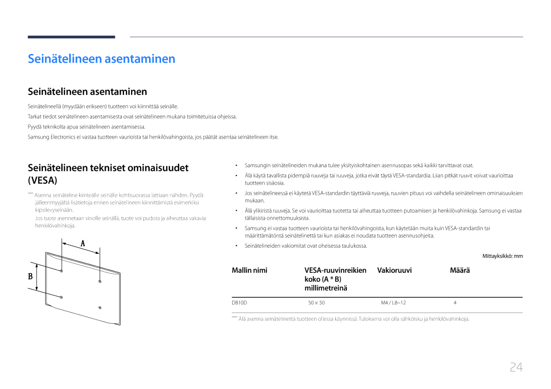 Samsung LH10DBDPLBC/EN manual Seinätelineen asentaminen, Seinätelineen tekniset ominaisuudet Vesa 