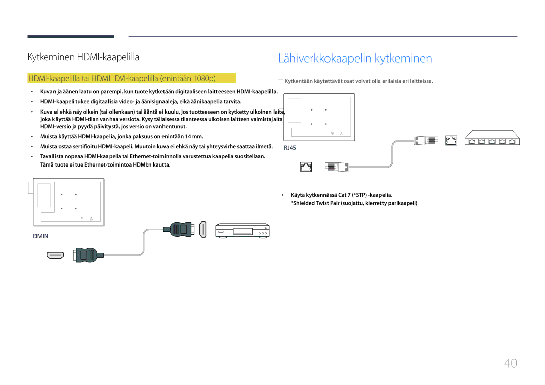 Samsung LH10DBDPLBC/EN manual Lähiverkkokaapelin kytkeminen, HDMI-kaapelilla tai HDMI-DVI-kaapelilla enintään 1080p 