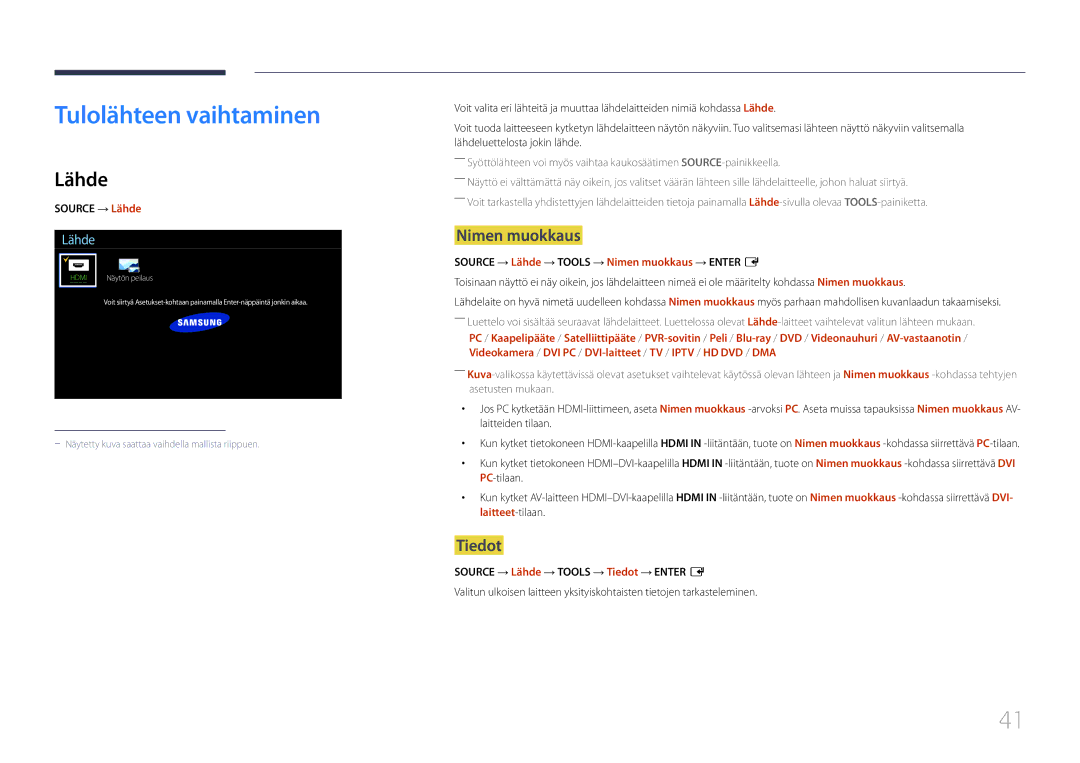 Samsung LH10DBDPLBC/EN manual Tulolähteen vaihtaminen, Lähde, Nimen muokkaus, Tiedot 