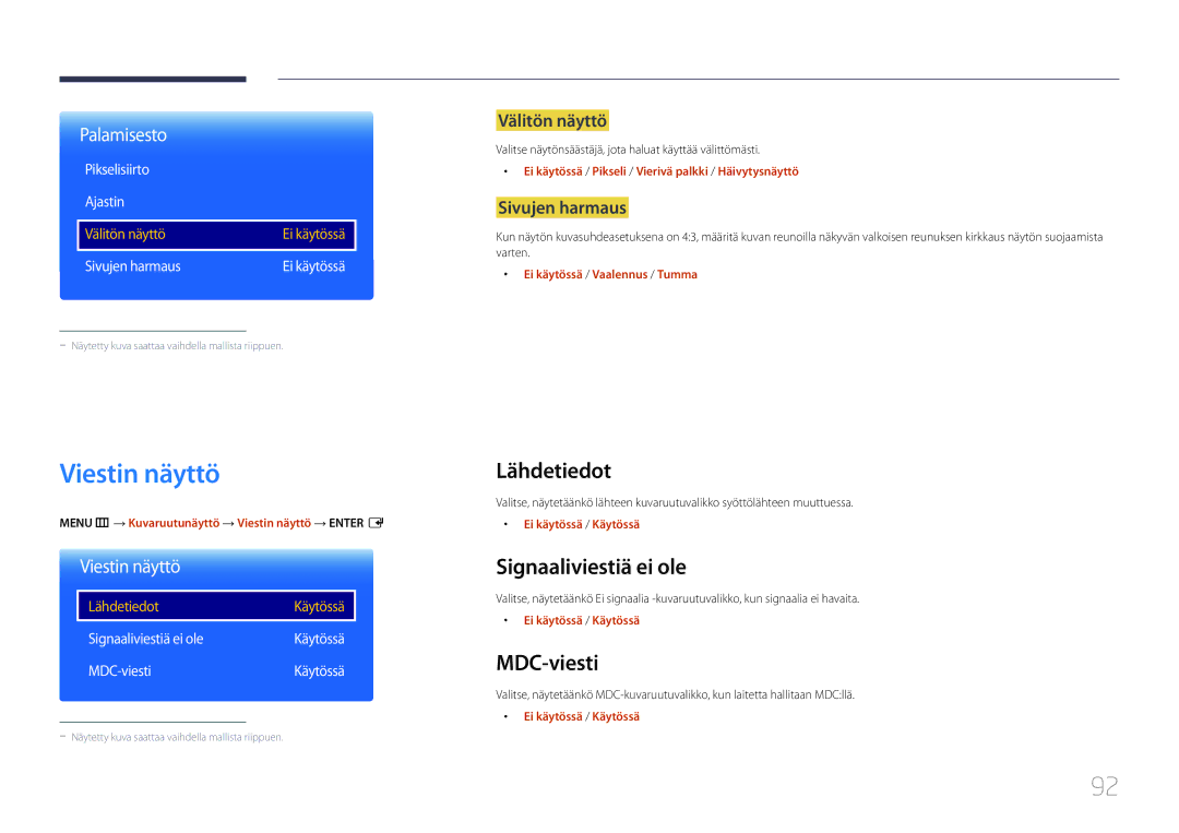 Samsung LH10DBDPLBC/EN manual Viestin näyttö, Lähdetiedot, Signaaliviestiä ei ole, MDC-viesti 