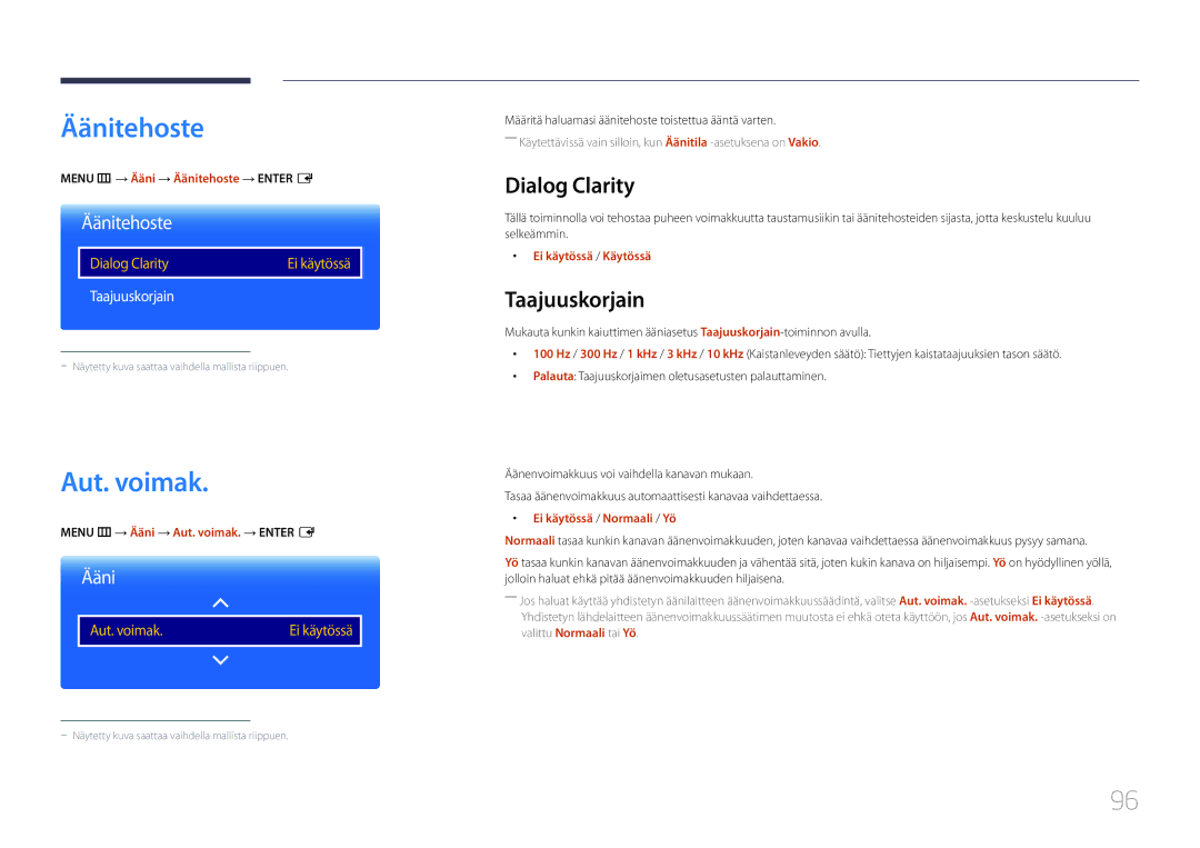 Samsung LH10DBDPLBC/EN manual Äänitehoste, Aut. voimak, Dialog Clarity, Taajuuskorjain 