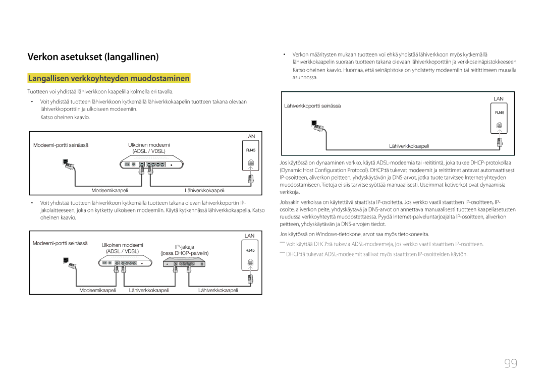 Samsung LH10DBDPLBC/EN manual Verkon asetukset langallinen, Langallisen verkkoyhteyden muodostaminen 