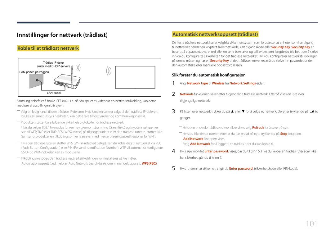 Samsung LH10DBDPLBC/EN manual 101, Innstillinger for nettverk trådløst, Koble til et trådløst nettverk 