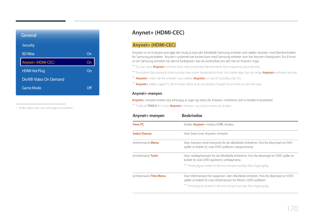 Samsung LH10DBDPLBC/EN manual 120, Anynet+ HDMI-CEC, Anynet+-menyen Beskrivelse, Security BD Wise 