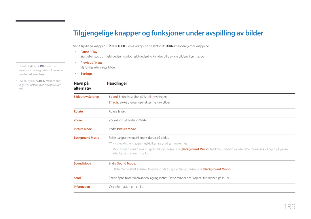 Samsung LH10DBDPLBC/EN manual 136, Navn på Handlinger Alternativ 