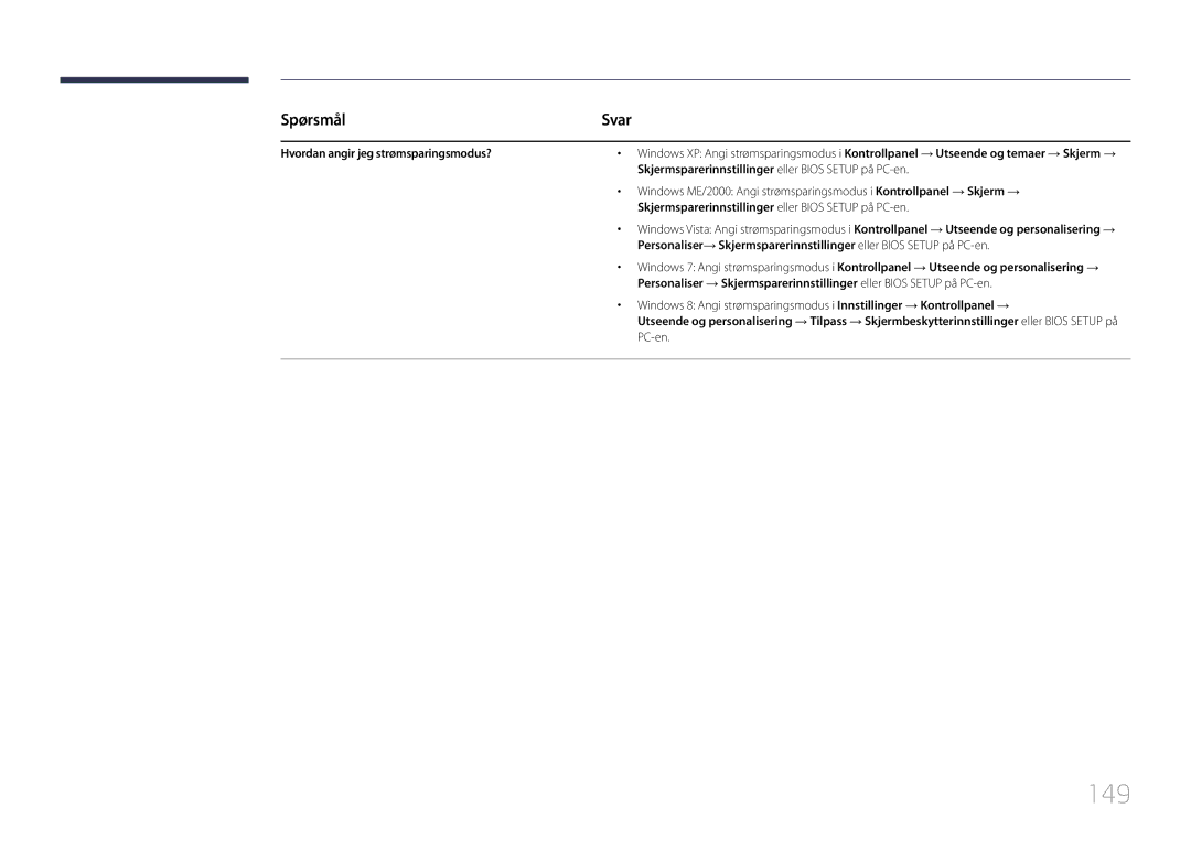 Samsung LH10DBDPLBC/EN 149, Hvordan angir jeg strømsparingsmodus?, Skjermsparerinnstillinger eller Bios Setup på PC-en 