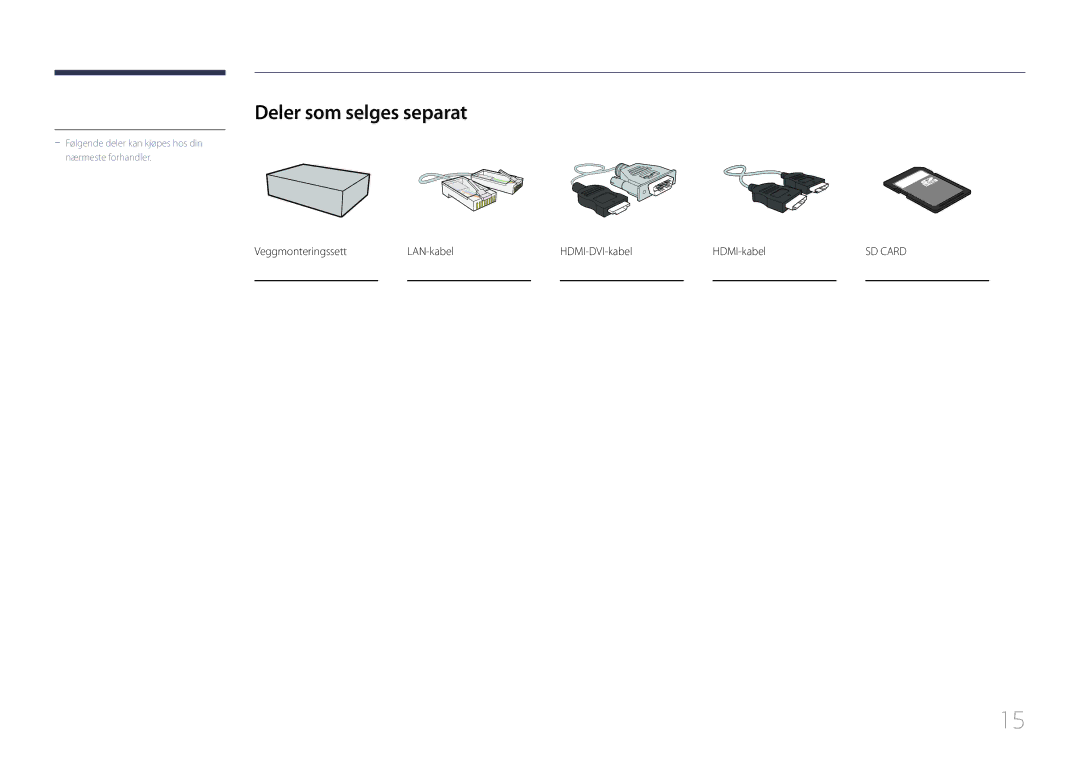 Samsung LH10DBDPLBC/EN manual Deler som selges separat, Veggmonteringssett LAN-kabel HDMI-DVI-kabel HDMI-kabel 