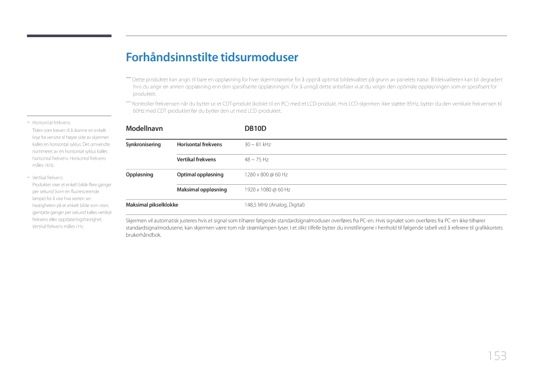 Samsung LH10DBDPLBC/EN manual Forhåndsinnstilte tidsurmoduser, 153 