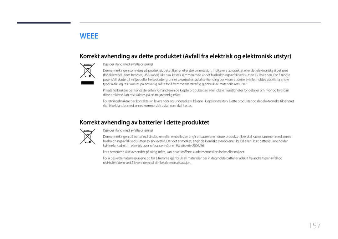 Samsung LH10DBDPLBC/EN manual 157, Korrekt avhending av batterier i dette produktet, Gjelder i land med avfallssortering 