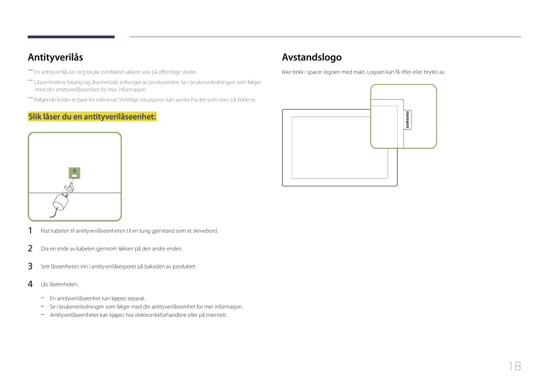 Samsung LH10DBDPLBC/EN manual Antityverilås, Slik låser du en antityverilåseenhet 