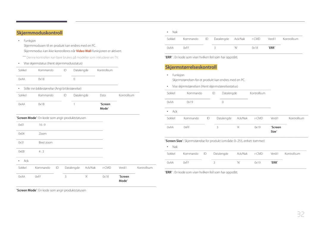 Samsung LH10DBDPLBC/EN manual Skjermmoduskontroll, Skjermstørrelseskontroll 