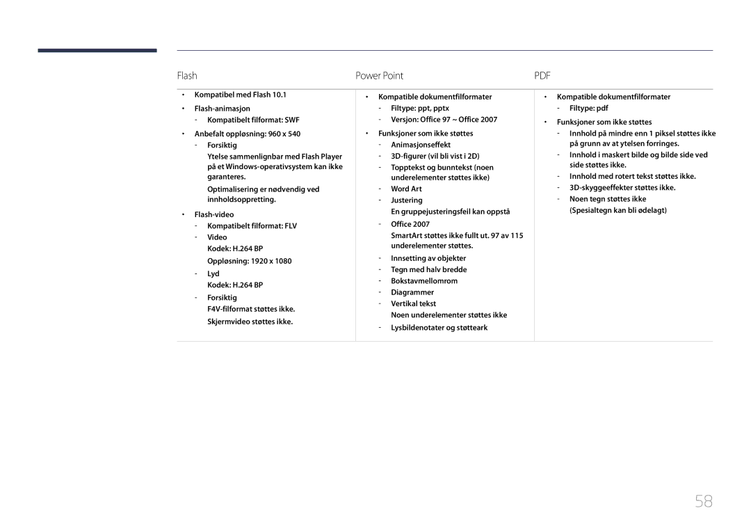 Samsung LH10DBDPLBC/EN manual Flash Power Point, Versjon Office 97 ~ Office, 3D-figurer vil bli vist i 2D, Vertikal tekst 