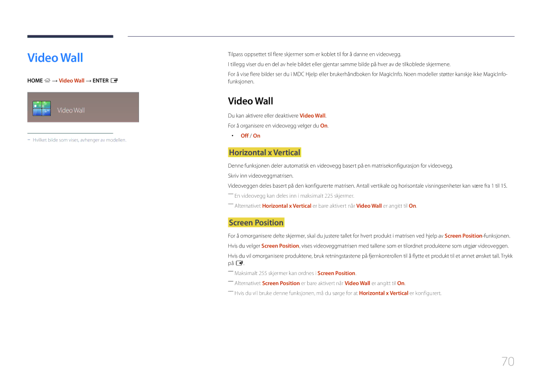 Samsung LH10DBDPLBC/EN manual Video Wall, Horizontal x Vertical, Screen Position 